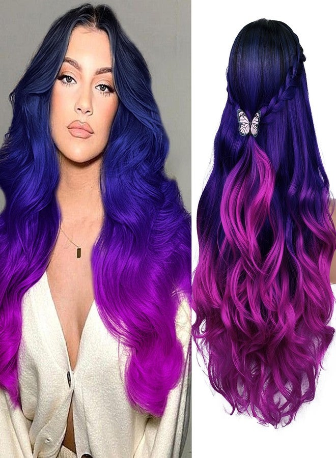 Quantum Love Long Purple Wavy Wigs Ombre Purple Body Wave Mermaid Hair Wig for Women Middle Part Colorful Curly Synthetic Hair for Halloween Cosplay Daily Party Use - Image 1
